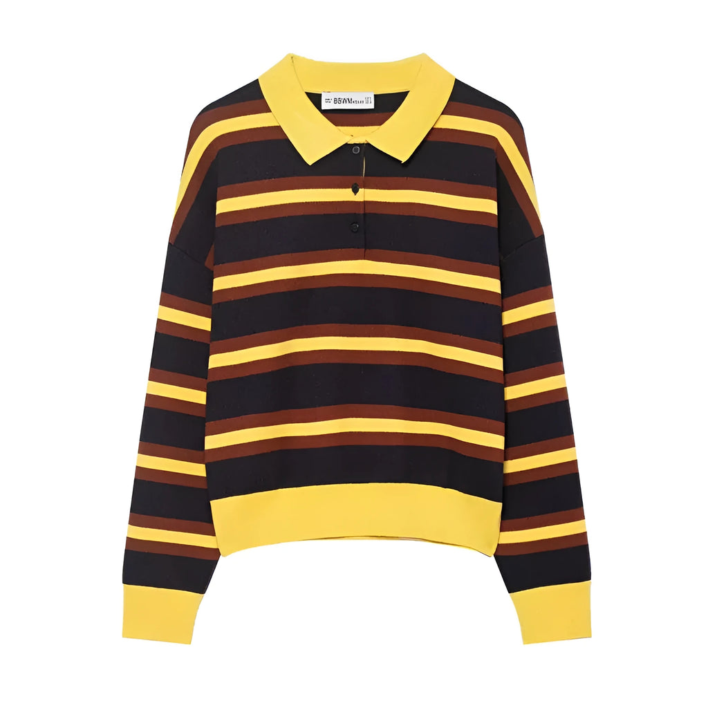 Women's striped polo collar knitted sweater in picture colour with contrast stitching and long sleeves