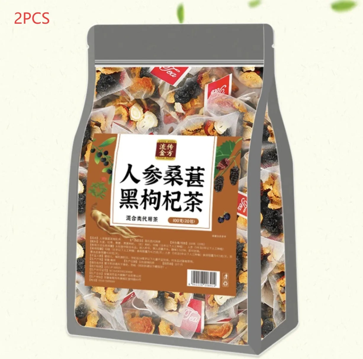 Box of ginseng black wolfberry tea containing 40 individual tea bags, total weight 200g.