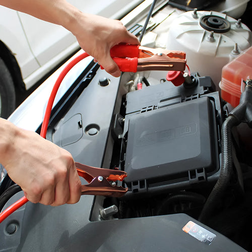 Car battery clip emergency kit with black and red clips, 2 metre PVC copper cables, and OPP storage bag