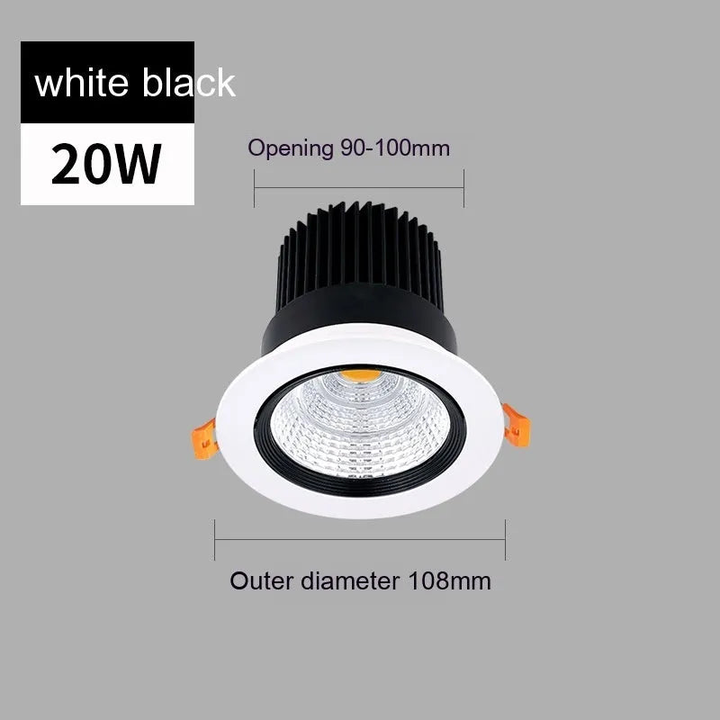 LED embedded ceiling spotlight with aluminium housing showing three colour temperature options and hole size measurements