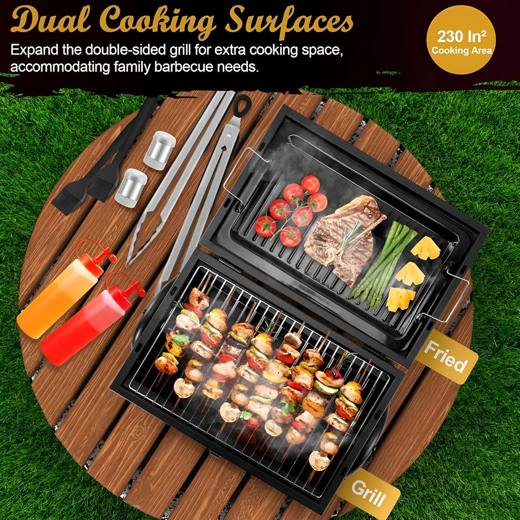 Small folding desktop charcoal barbecue stove with grill for outdoor use