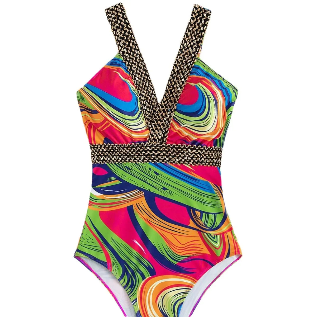 Women's deep V neck one-piece swimsuit with spaghetti straps in floral print pattern
