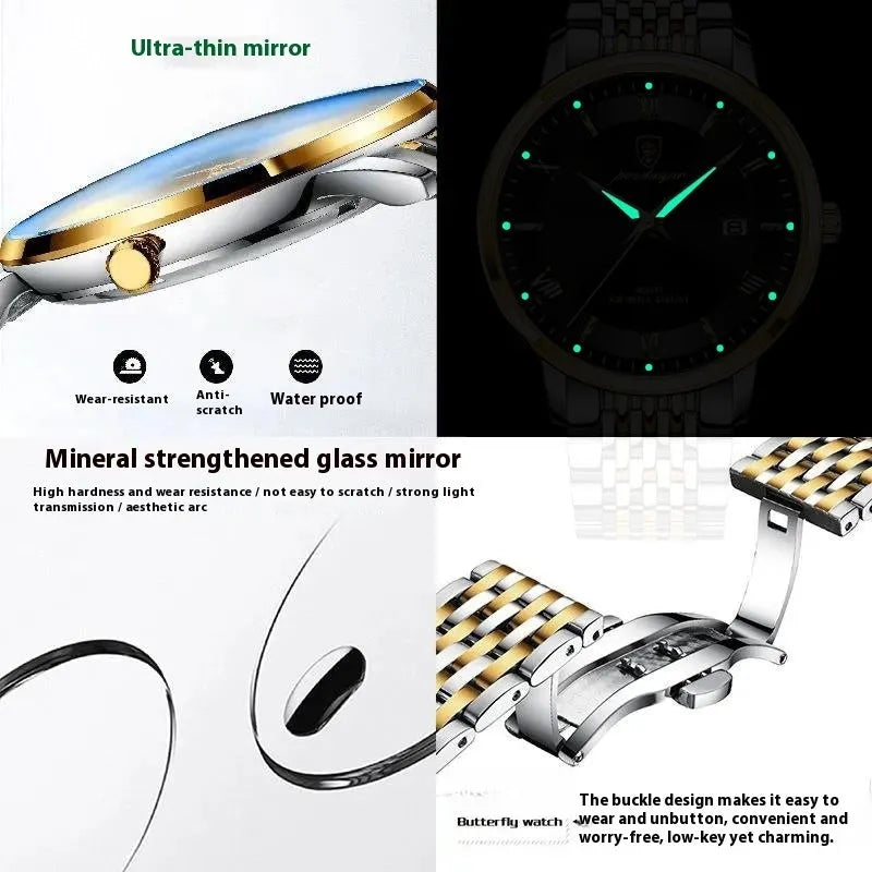 Men's waterproof luminous calendar quartz watch with precision steel case and mineral reinforced mirror