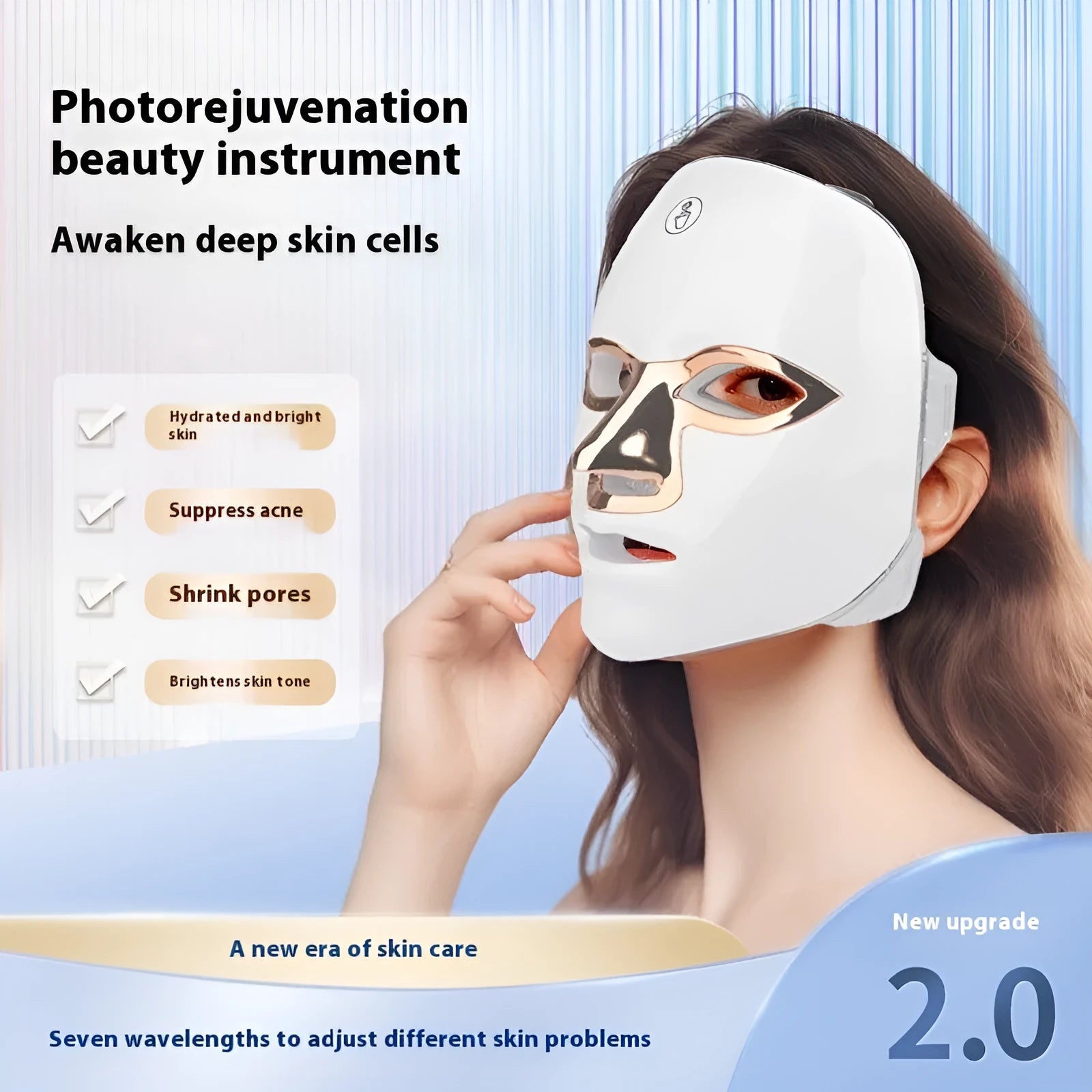 Rechargeable LED beauty facial mask with touch controls in black gold edge colour.
