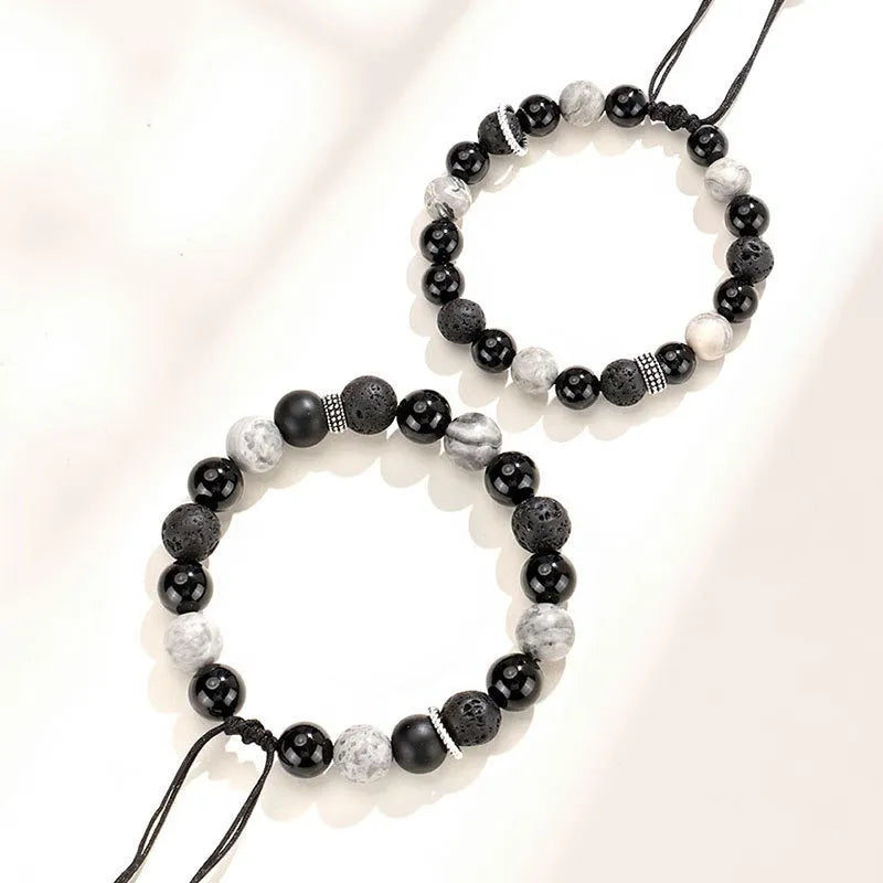 Black agate map stone volcanic rock bracelet with diamond-shaped beads and electroplated finish
