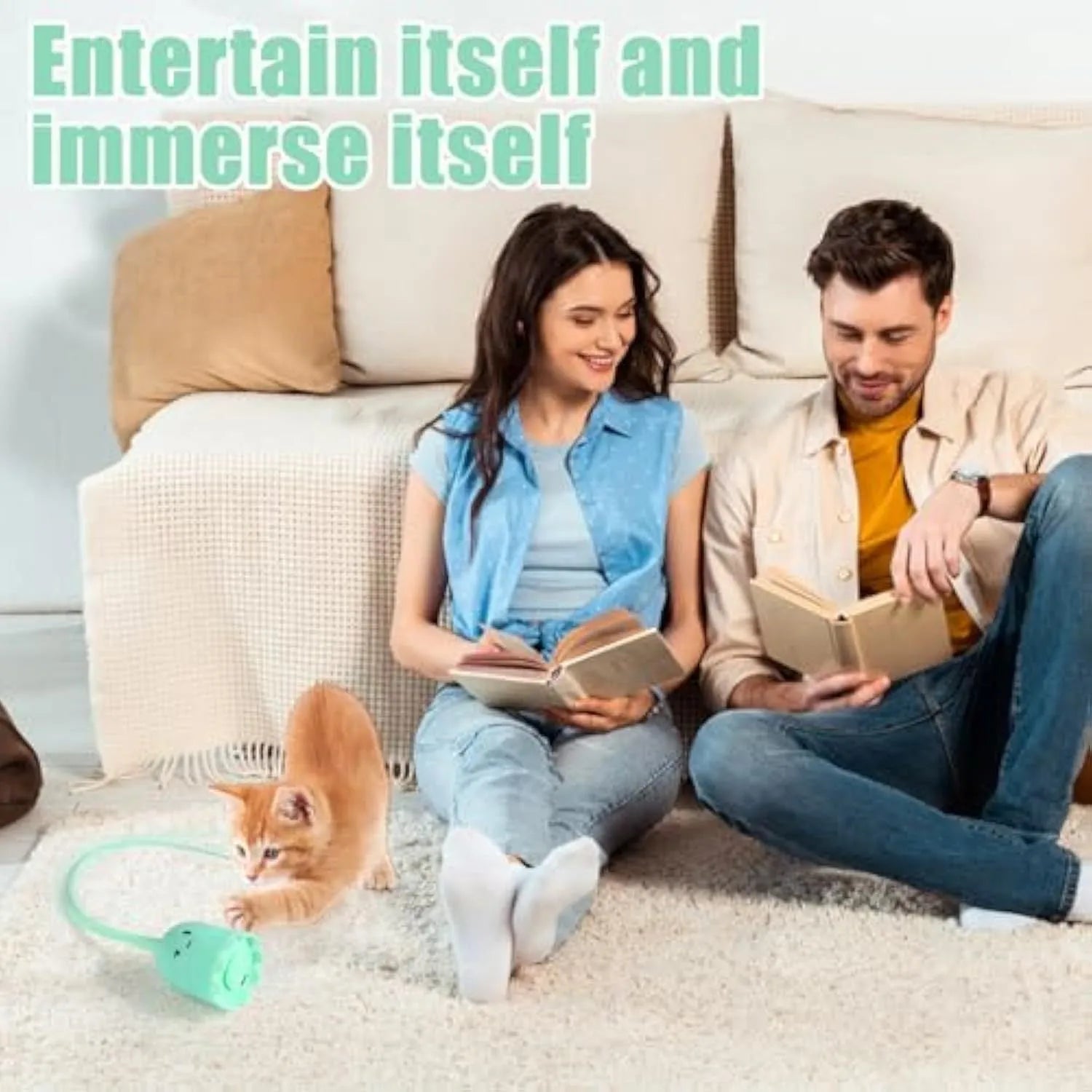 Green electronic cat wand toy with moving silicone tails for indoor cat play
