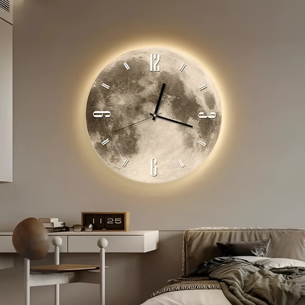 Modern wall clock with optional LED backlight in 30cm, 40cm, or 50cm diameters on a wall.