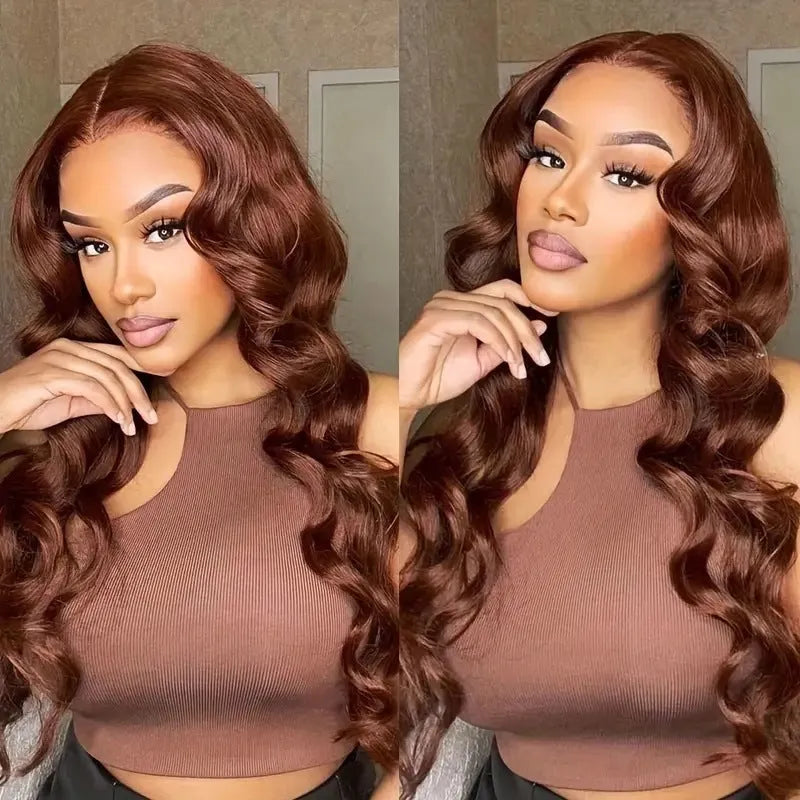 Women's dark brown long curly front lace wig with side bangs, shown on a model.