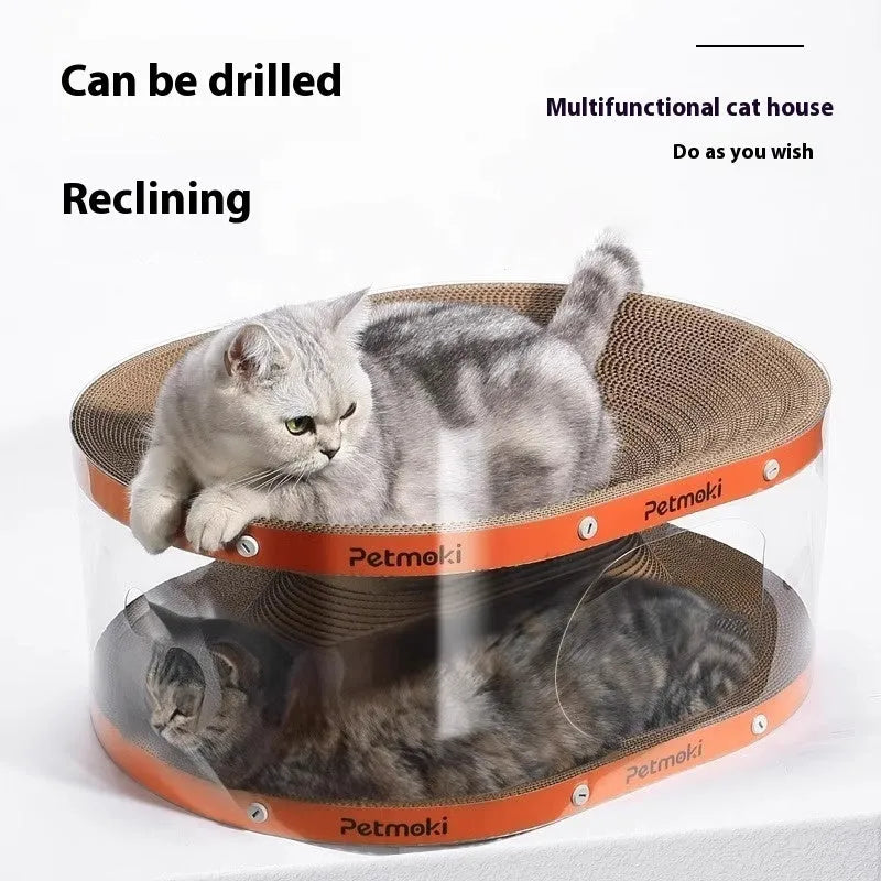 White transparent PVC tunnel cat nest attached to a large corrugated cardboard scratch board