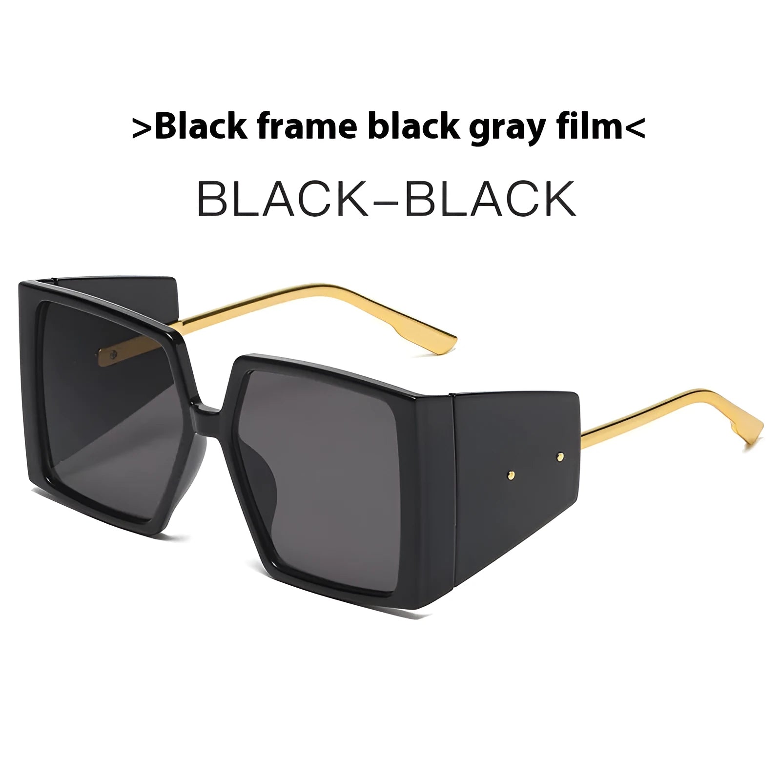 Large square frame sunglasses with UV400 lenses in seven colour options on a wooden surface.