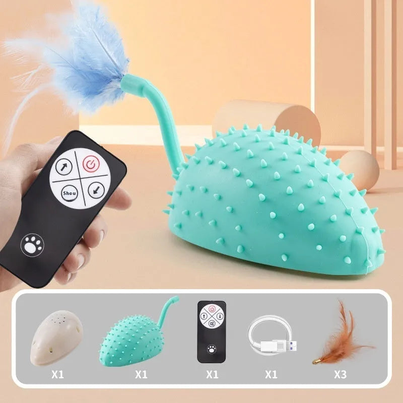 Remote control smart charging silicone mouse cat toy with feather attachment in cyan colour