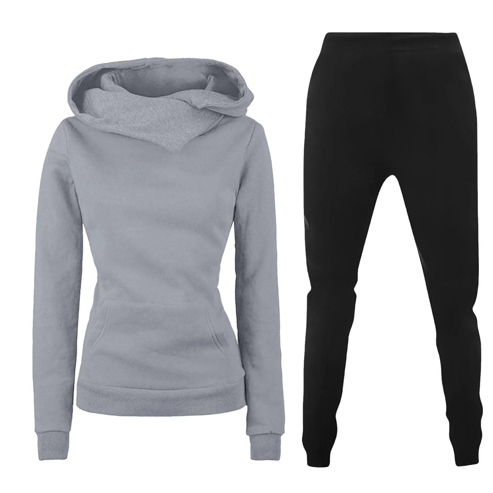 Ladies hooded sweater two-piece set in solid colour with long sleeves and jogger pants
