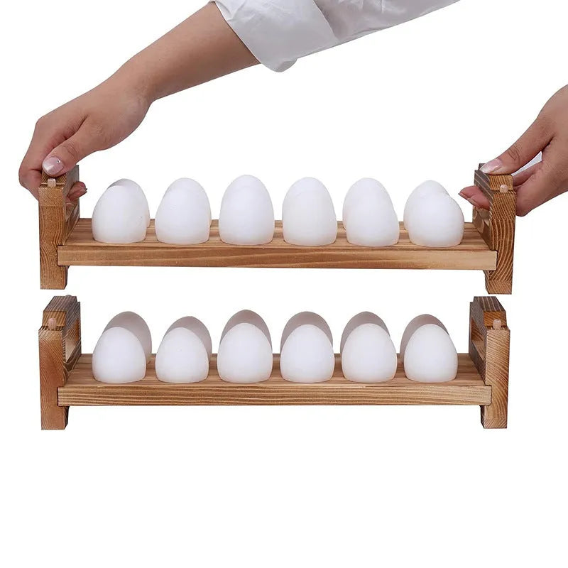Solid wood egg storage rack in red Fire colour on a kitchen countertop