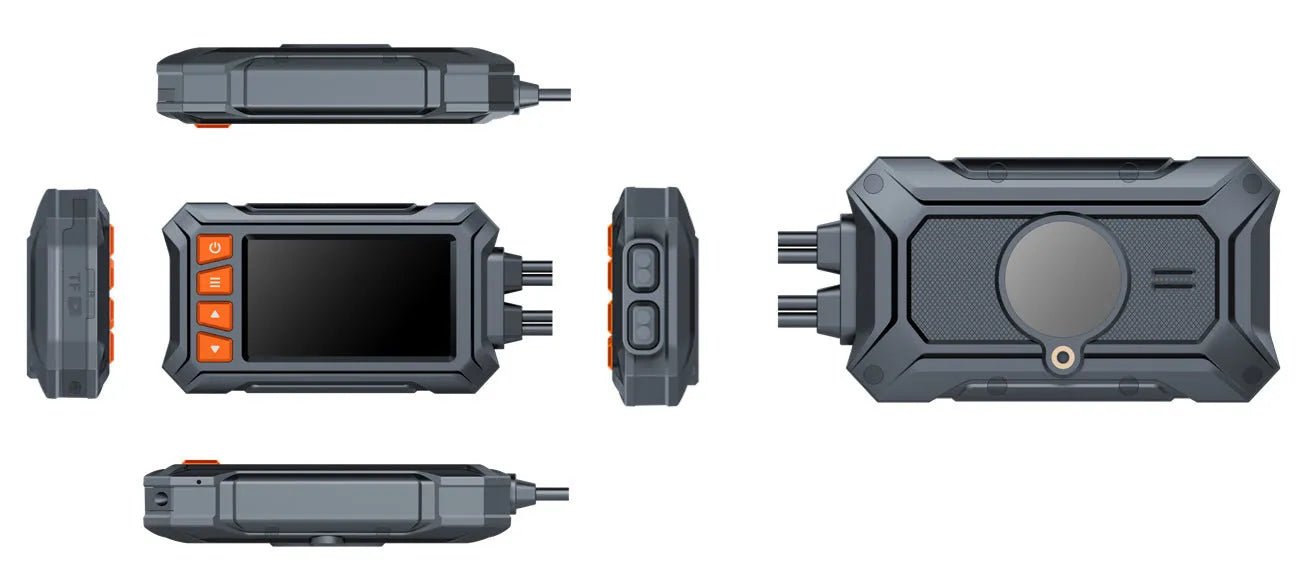 Motorcycle dashcam unit with dual lenses, 3-inch screen, GPS module, and wiring for ACC power connection.
