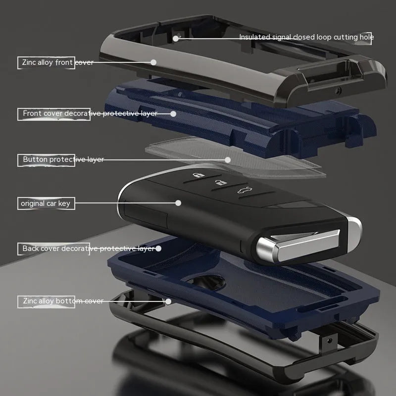 Zinc alloy TPU car key case cover in multiple colours including black, white, brown, blue, and green.