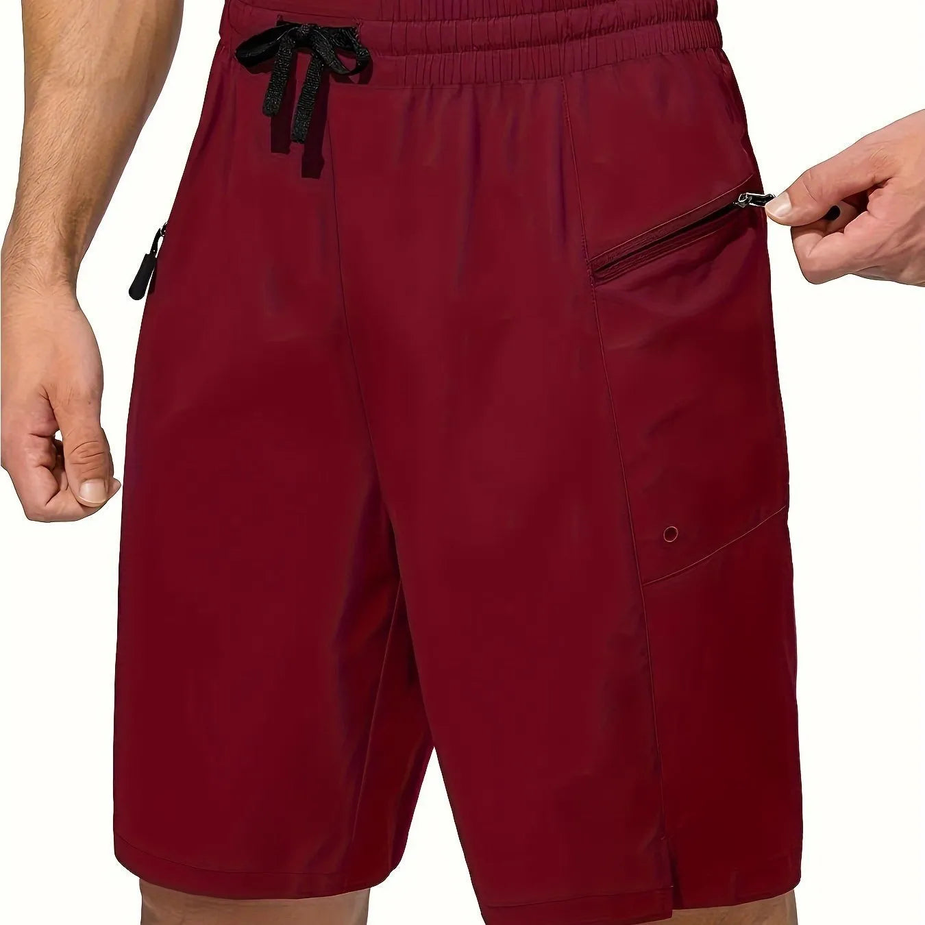 Men's quick-drying beach shorts in solid colours showing straight-leg design and polyester fabric texture