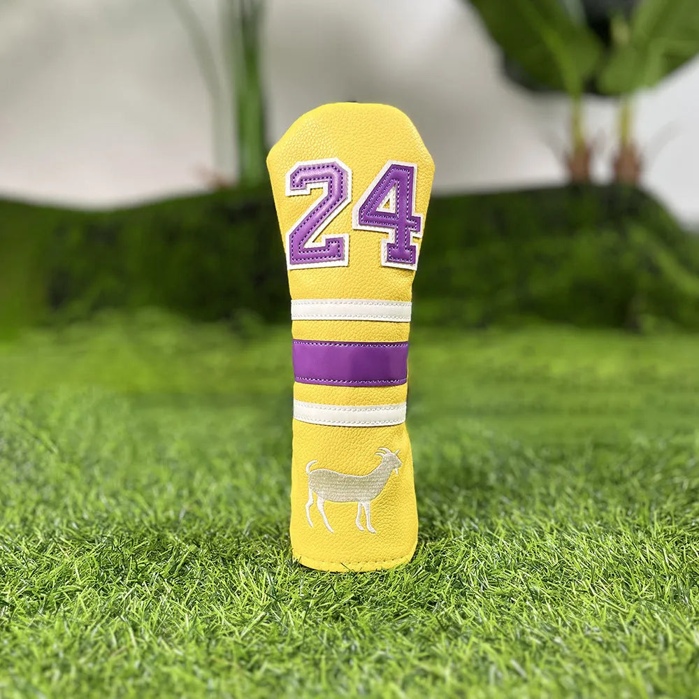 Set of four yellow PU golf club head covers including a square putter cover and iron covers on a golf bag.