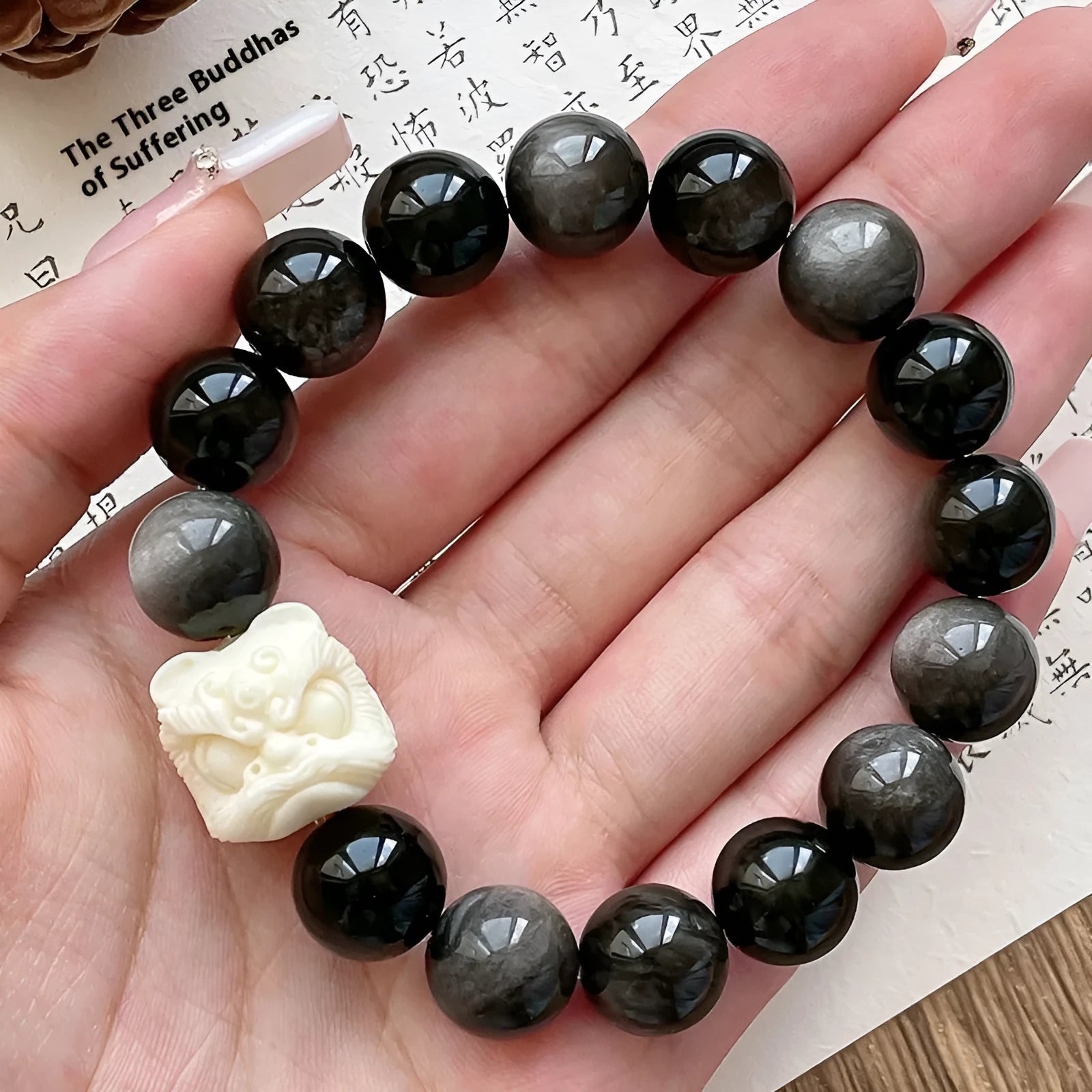 Obsidian single circle prayer beads bracelet for men with chamfered square grain detailing