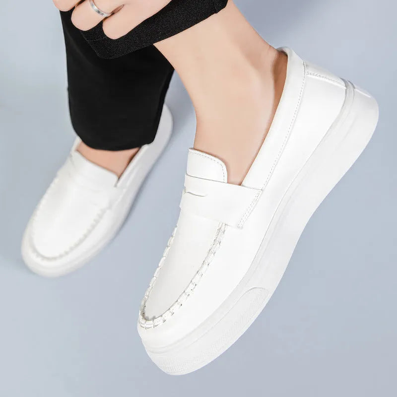 Men's round toe casual shoes in white, black and white, and khaki colours, showing the PU leather upper and oversleeve design.