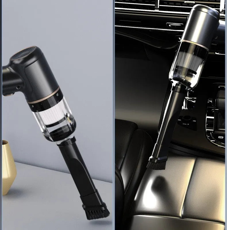 Black cordless car and home vacuum cleaner with inflation function and full accessory kit on a white background.