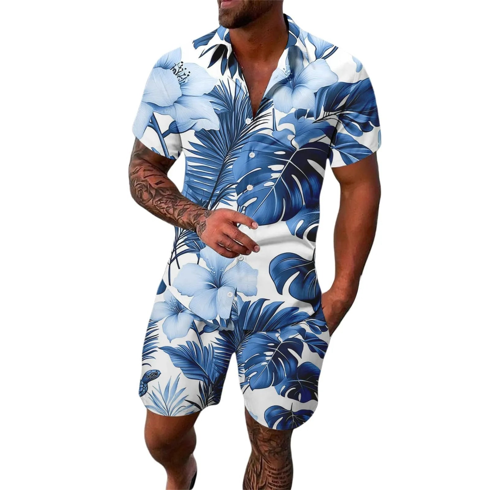Man wearing a digitally printed short sleeve casual shirt with matching trousers from a suit set.
