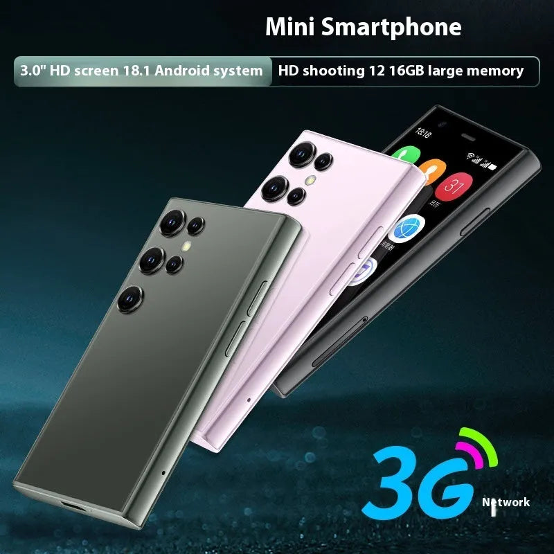 Black, green, and pink purple mini Android smartphone with 3-inch screen showing home screen interface