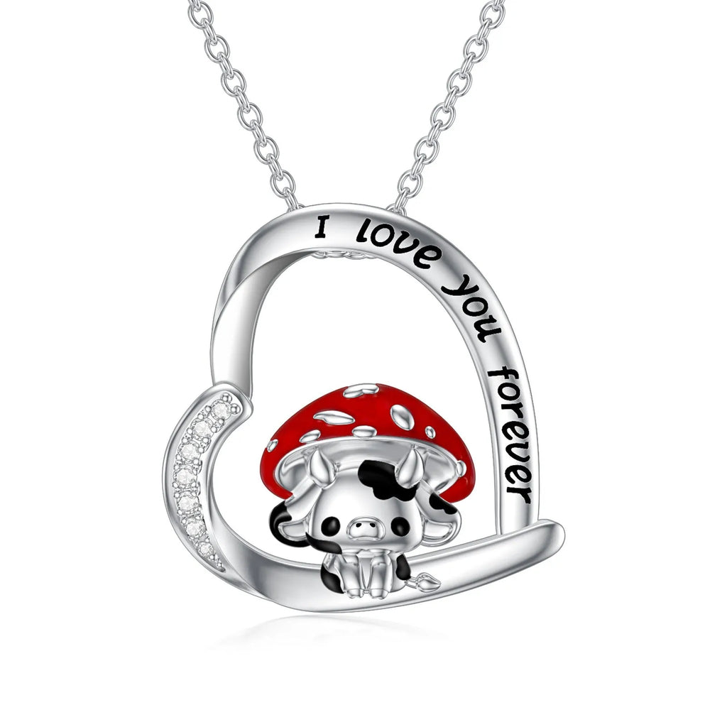 925 sterling silver cow necklace with mushroom hat pendant on love heart, 18in cable chain and 2in extender