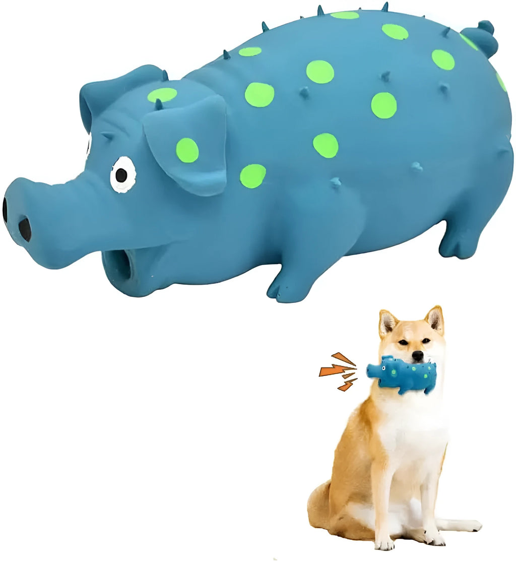 Blue latex squeaky pig-shaped dog chew toy with textured surface for teeth cleaning.