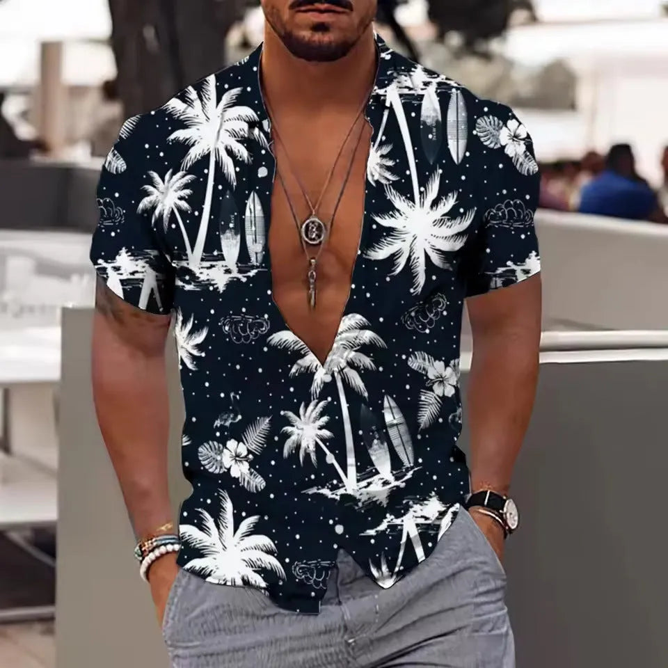 Man wearing a loose-fit short sleeve floral print shirt in a cardigan style