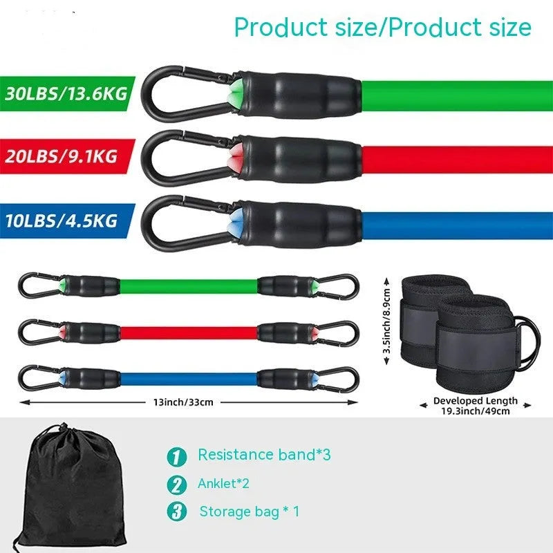 Set of three TPE resistance bands in 10, 20, and 30 pound resistances with two black ankle foot loops and a storage bag.
