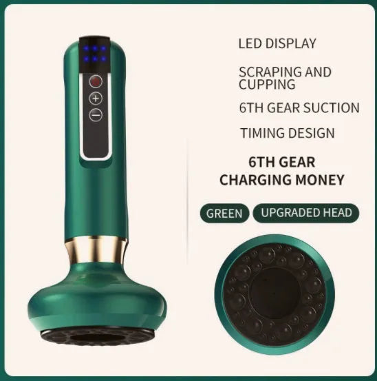 Green electric vacuum cupping massager with suction cup and charging cable