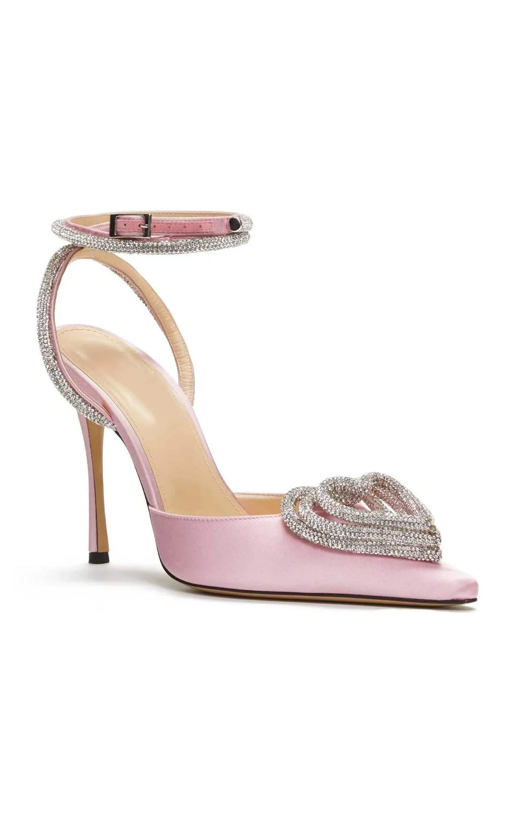 Women's pink satin sandals with heart rhinestone decoration and adjustable winding tape straps