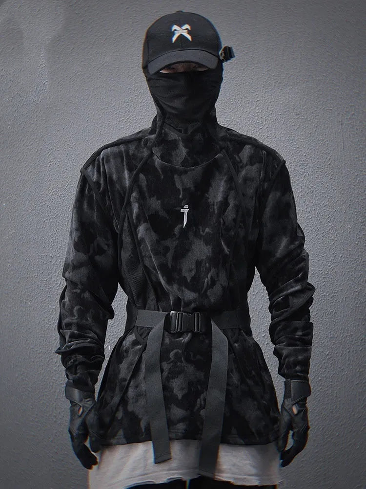 Men's black tie dye printed turtleneck sweater with drop shoulder sleeves and loose casual fit