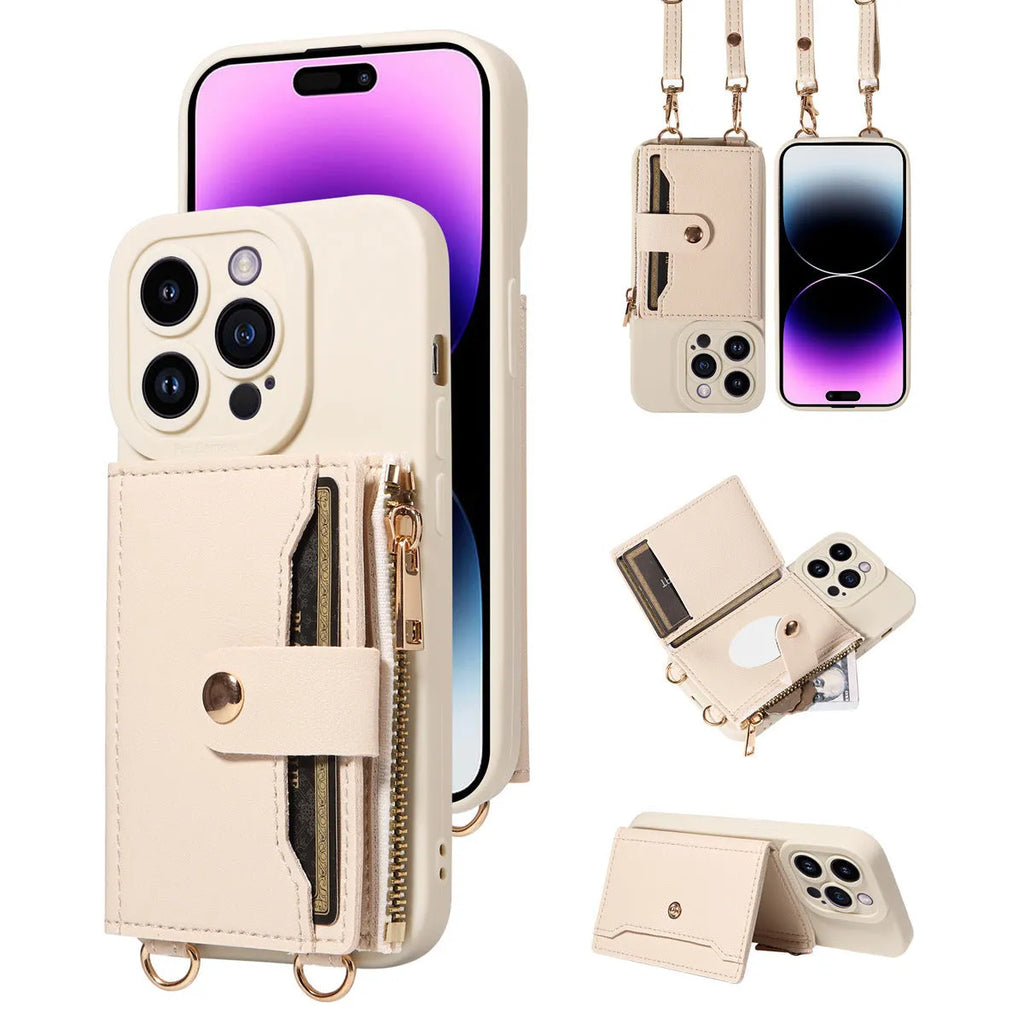 Classic faux leather phone case with fall protection strap for Apple iPhone, available in black and ivory white