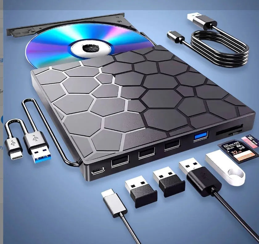 Black external CD drive with USB cable for computer disc reading and writing