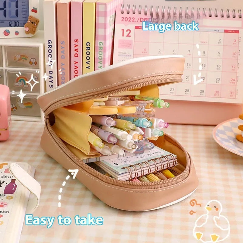 Transparent cartoon pencil case with caramel bear design and large capacity for student stationery
