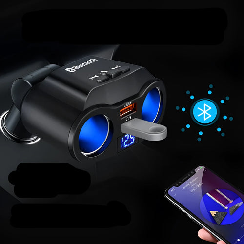 Car Bluetooth FM transmitter and USB charger unit for cigarette lighter socket in black finish.