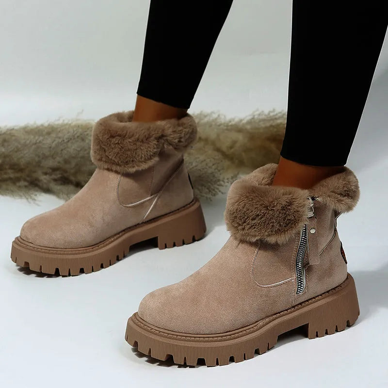 Women's black thick plush high-top snow boots with a side zipper and rubber sole