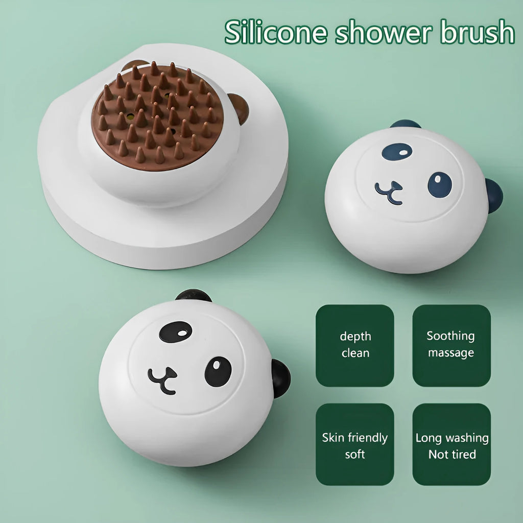 Panda-shaped silicone pet shower brush with soft bristles for cat and dog bath cleaning