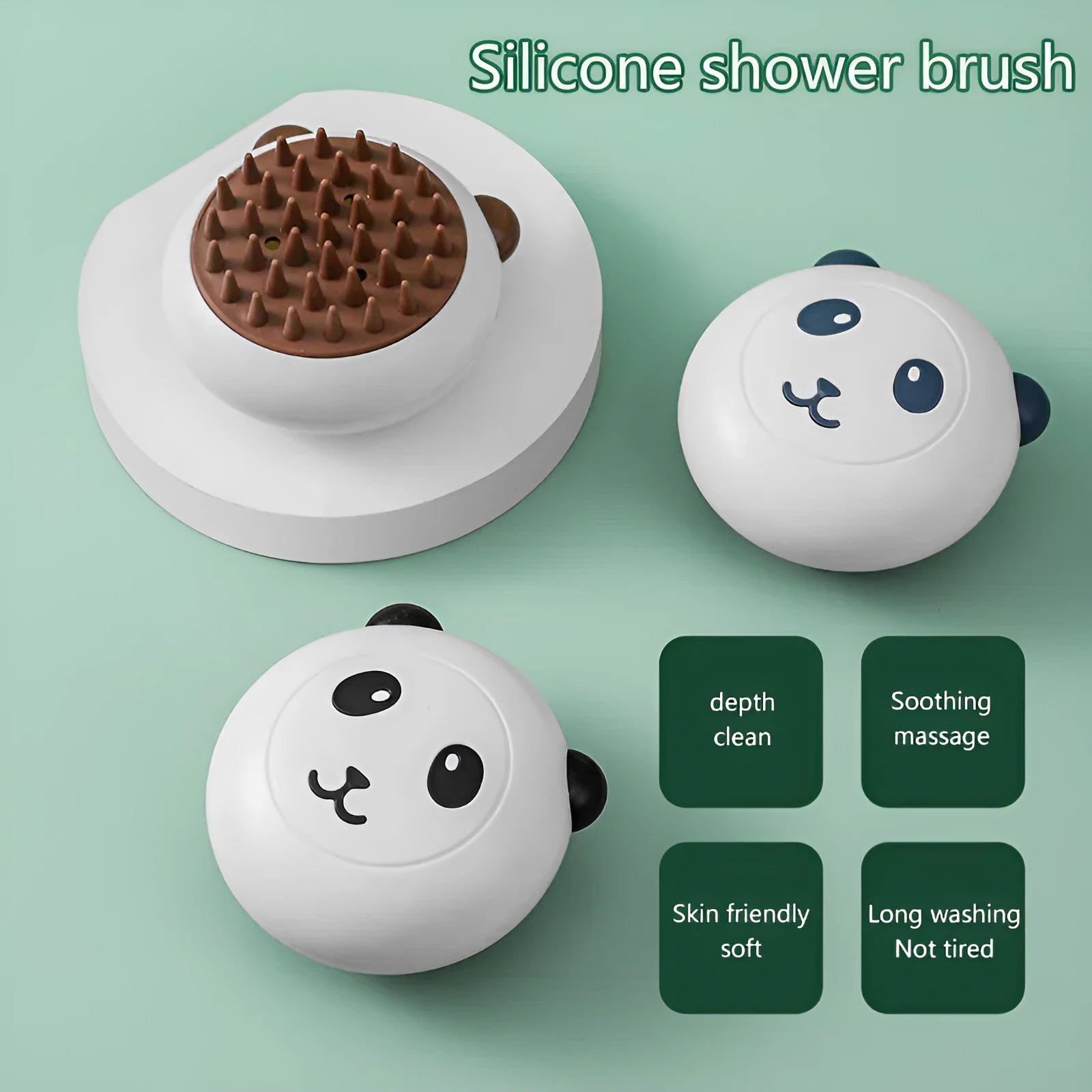 Panda-shaped silicone pet shower brush with soft bristles for cat and dog bath cleaning