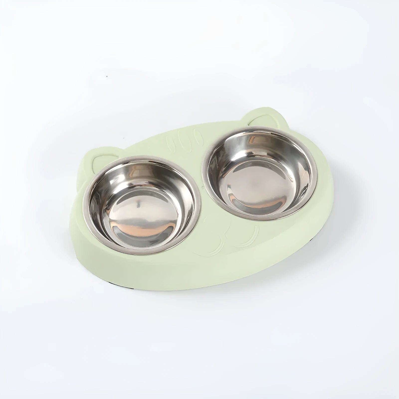 Blue macaron-shaped plastic pet feeder with two bowls and adjustable height legs