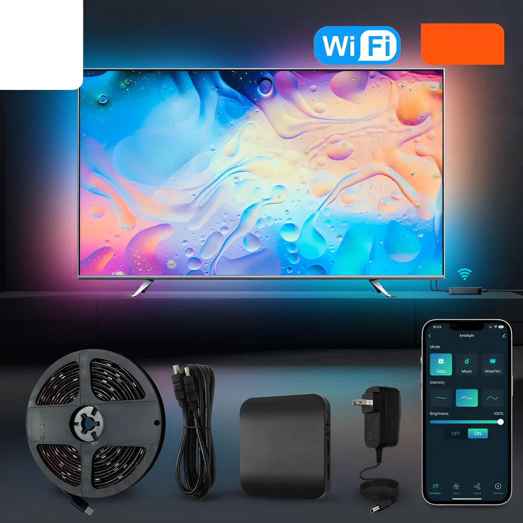 Smart LED light strip with graffiti pattern for TV backlighting, showing smartphone app control interface.