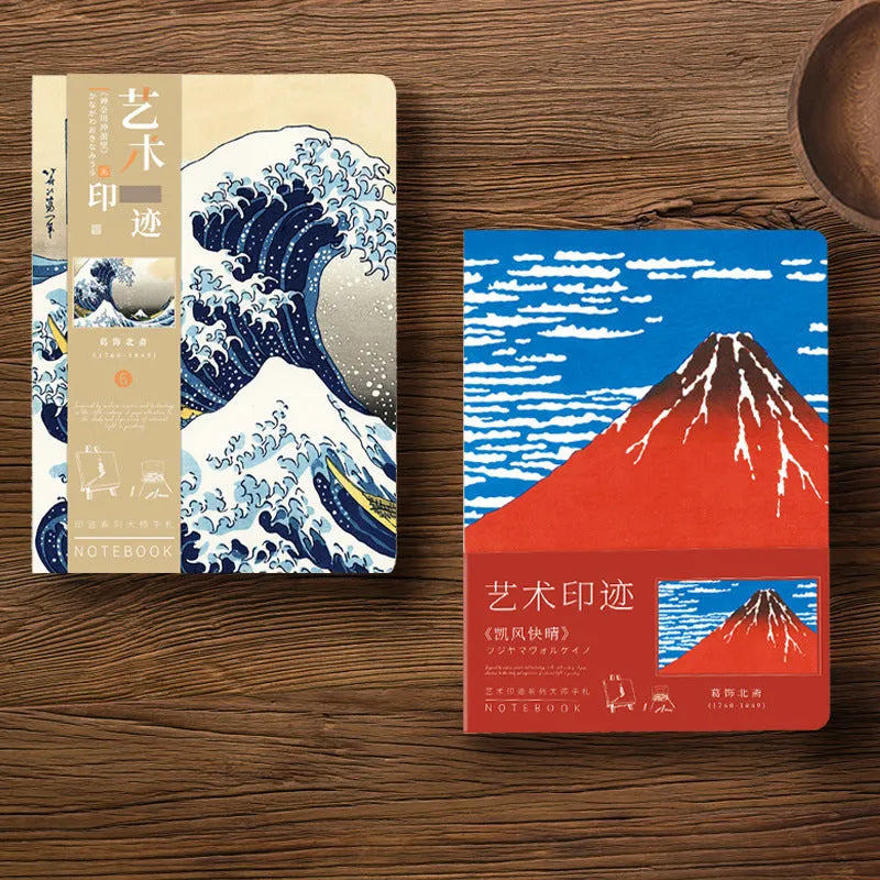 Ukiyo-e Series retro hand ledger notebook with art cover, open on a table.