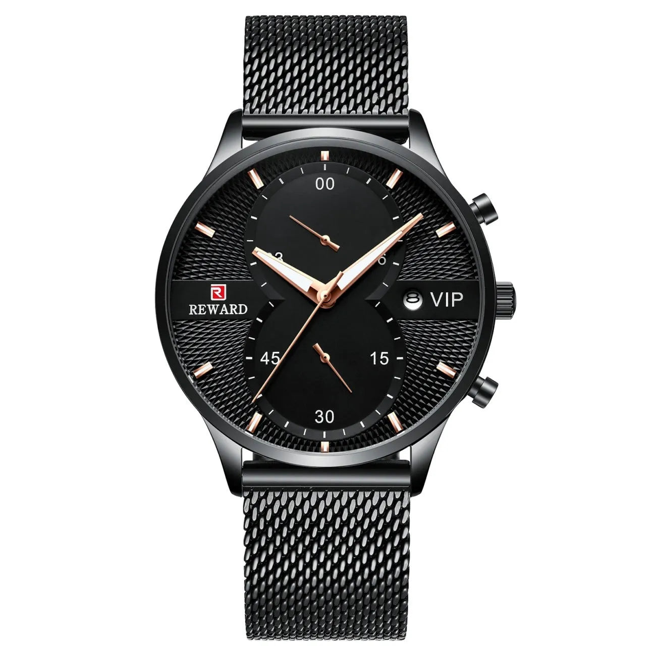 Men's waterproof quartz business watch with 45mm round dial, stainless steel strap, and calendar display on a white background