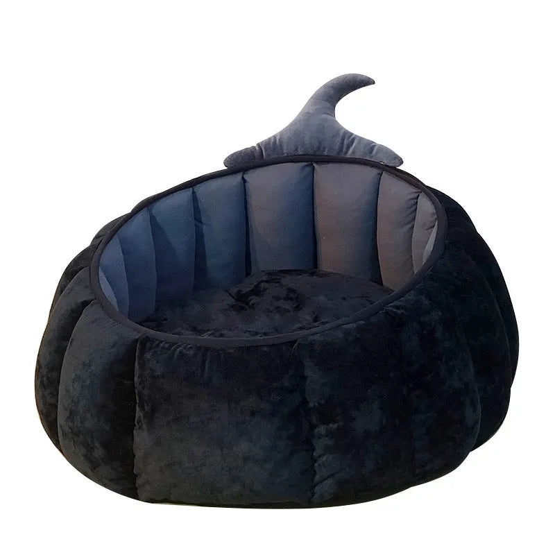 Orange and black pumpkin-shaped pet nest for cats with soft cloth fabric