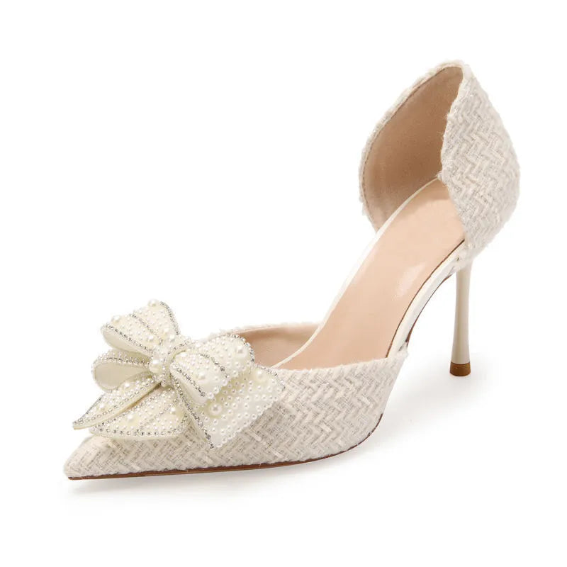 Women's pointed toe pumps with side bow, rhinestone and hollow detail in beige or black, sizes 35-40
