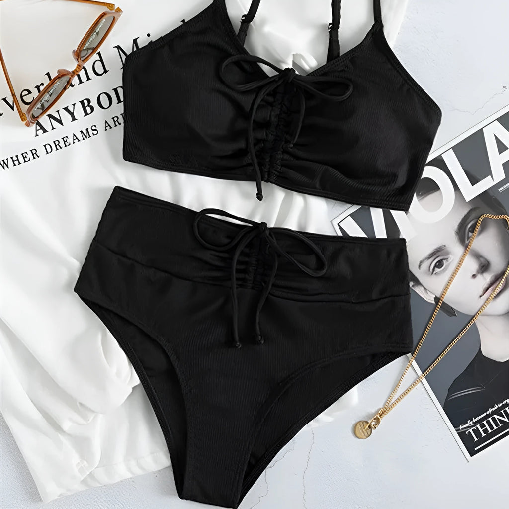 Black women's bikini swimsuit with sling split and high waist shorts