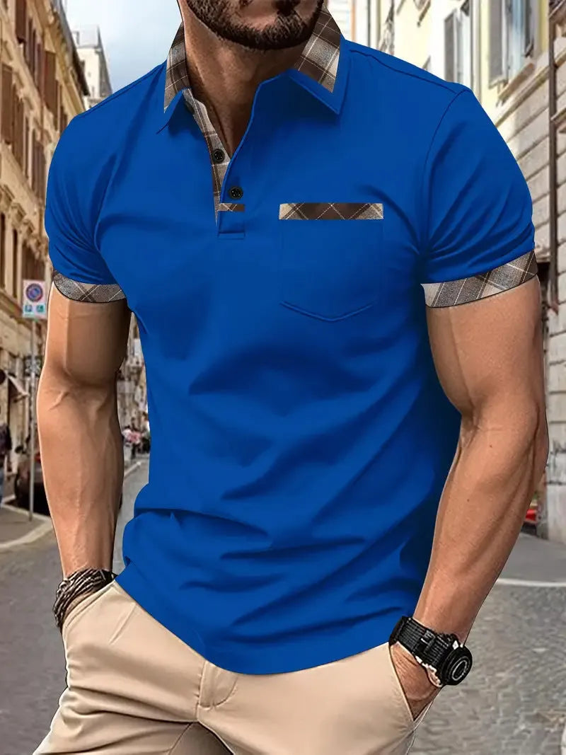 Men's loose fit plaid colourblock short sleeve t-shirt with zipper details on a neutral background.
