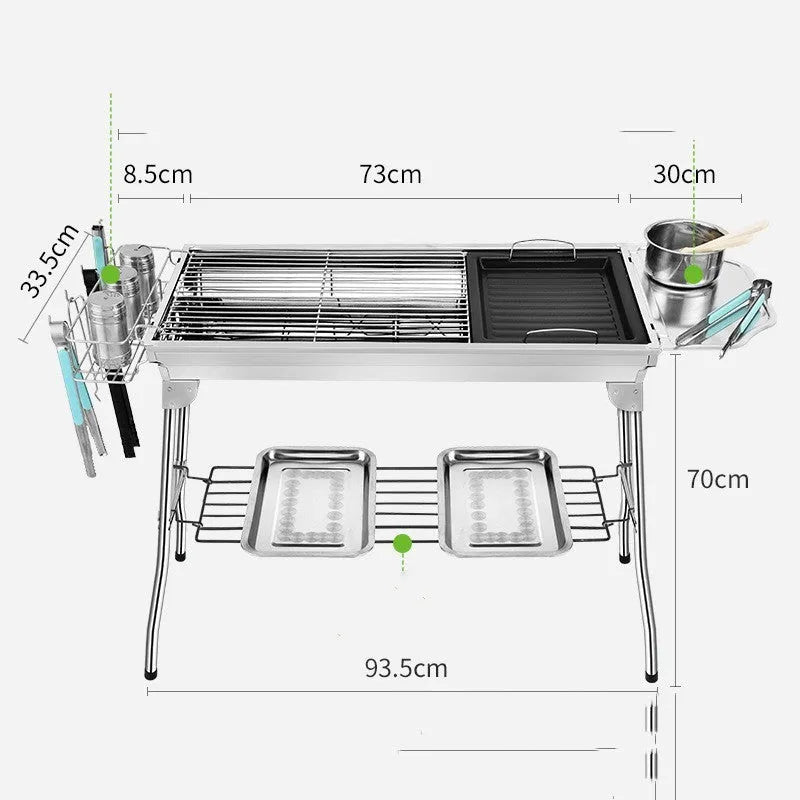 Stainless steel portable folding barbecue oven for outdoor group cooking.