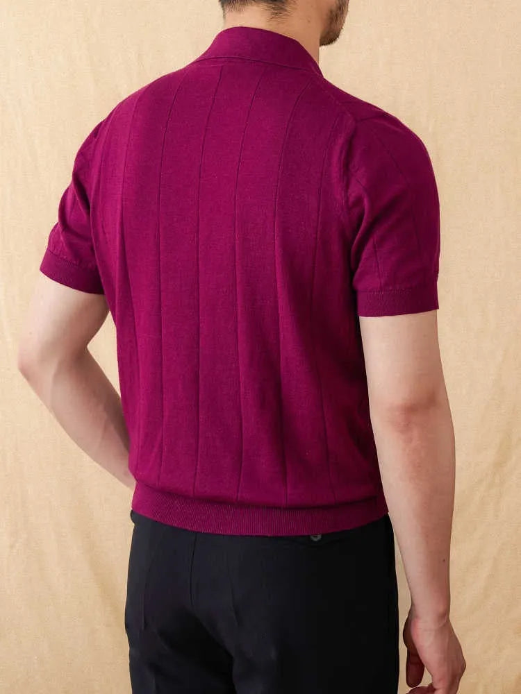 Short sleeve polo top with seagull collar in sunken stripe knitted ramie and cotton blend fabric